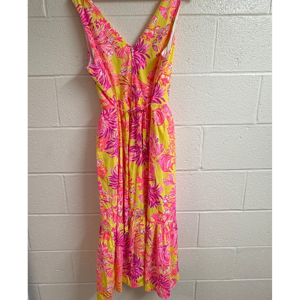 Lilly Pulitzer Womens Bri V-Neck Cotton Midi Dress 14 Calla Yellow Floral Coral